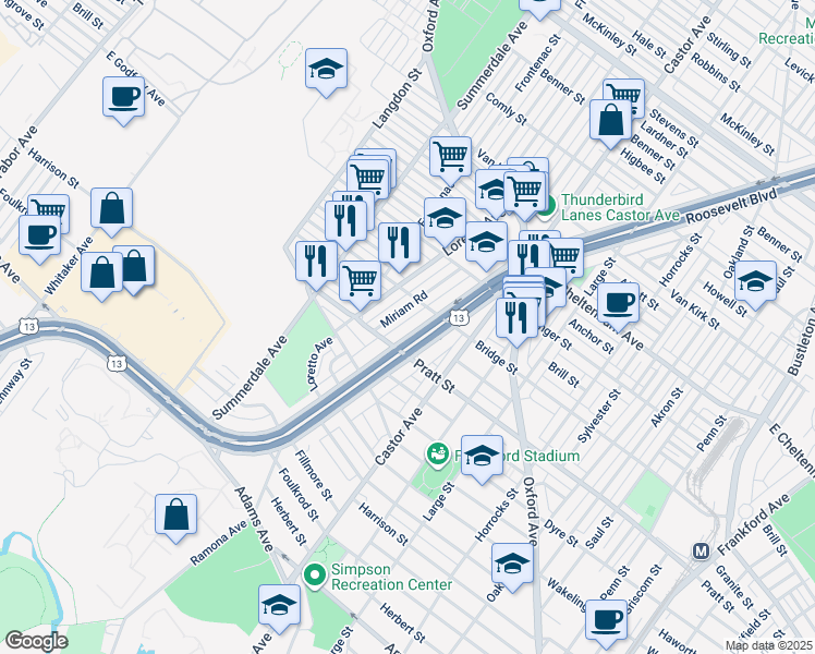 map of restaurants, bars, coffee shops, grocery stores, and more near 5542 Miriam Road in Philadelphia