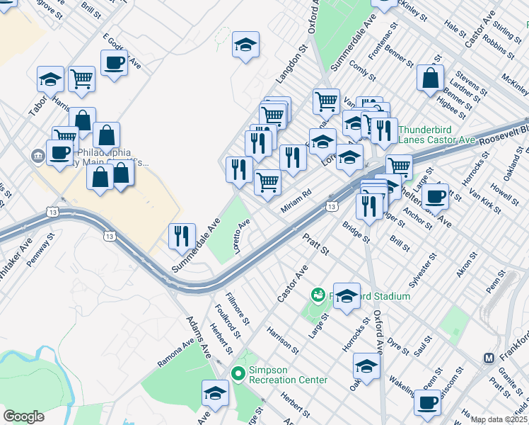 map of restaurants, bars, coffee shops, grocery stores, and more near 960 Pratt Street in Philadelphia