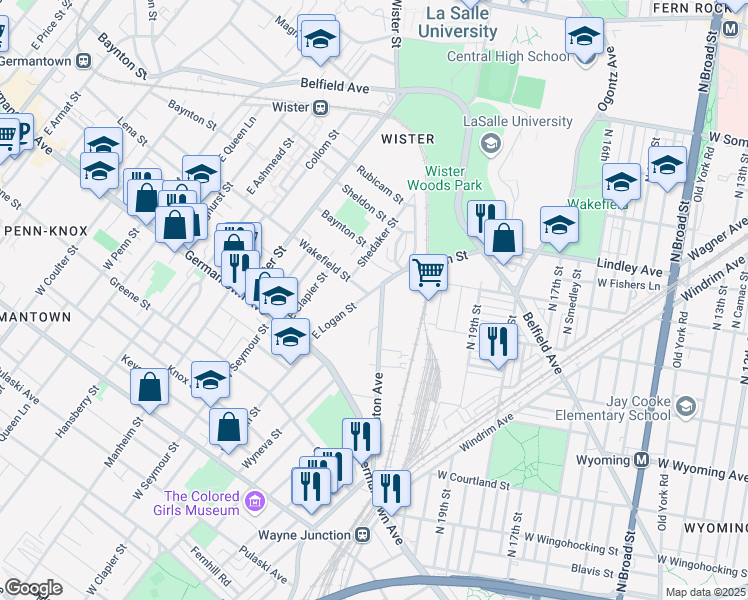 map of restaurants, bars, coffee shops, grocery stores, and more near 223 East Logan Street in Philadelphia