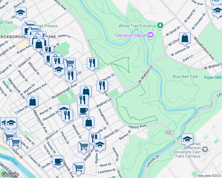 map of restaurants, bars, coffee shops, grocery stores, and more near 636 Jamestown Avenue in Philadelphia