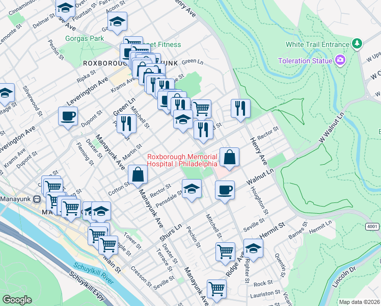 map of restaurants, bars, coffee shops, grocery stores, and more near 481 Monastery Avenue in Philadelphia