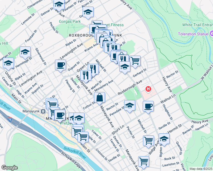 map of restaurants, bars, coffee shops, grocery stores, and more near 419 Martin Street in Philadelphia
