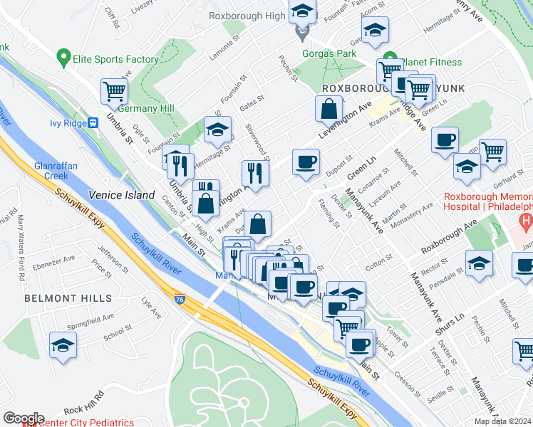 map of restaurants, bars, coffee shops, grocery stores, and more near 227 Krams Avenue in Philadelphia