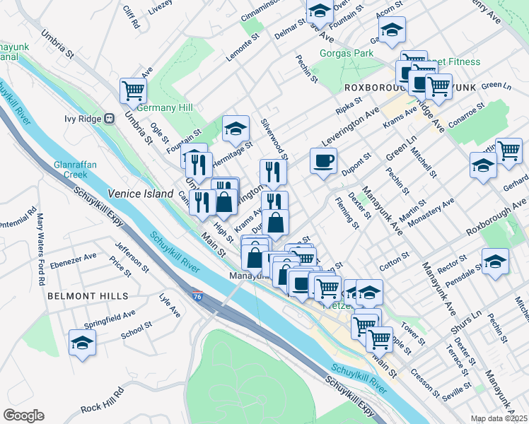 map of restaurants, bars, coffee shops, grocery stores, and more near 200 Krams Avenue in Philadelphia