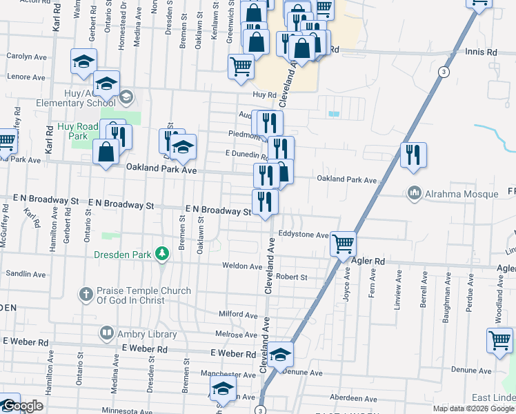 map of restaurants, bars, coffee shops, grocery stores, and more near 1786 East Kenworth Road in Columbus