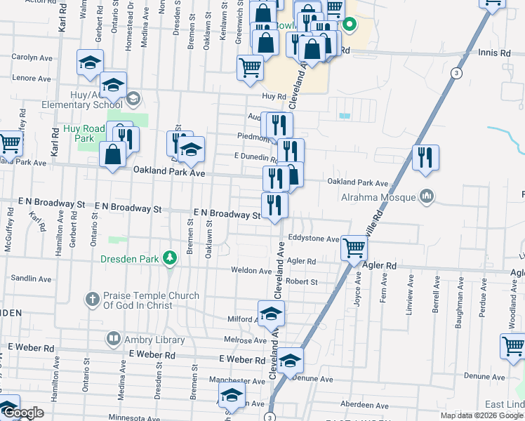map of restaurants, bars, coffee shops, grocery stores, and more near 1786 East Kenworth Road in Columbus