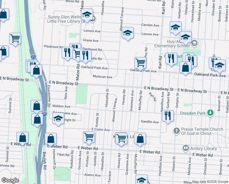 map of restaurants, bars, coffee shops, grocery stores, and more near 1076 East North Broadway Street in Columbus