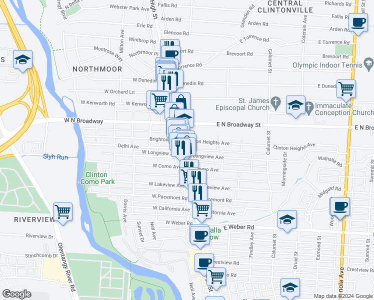 map of restaurants, bars, coffee shops, grocery stores, and more near 33 Clinton Heights Avenue in Columbus