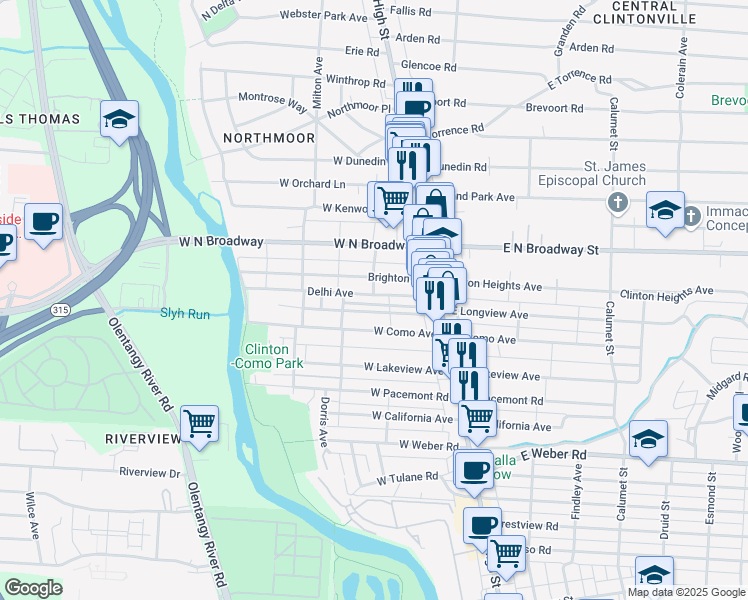 map of restaurants, bars, coffee shops, grocery stores, and more near 67 Brighton Road in Columbus
