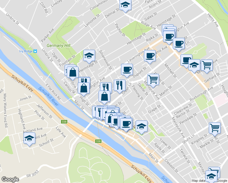 map of restaurants, bars, coffee shops, grocery stores, and more near 212 Baldwin Street in Philadelphia