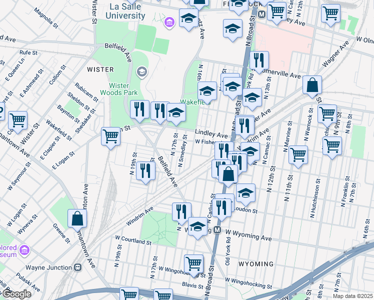 map of restaurants, bars, coffee shops, grocery stores, and more near 1609 West Ruscomb Street in Philadelphia