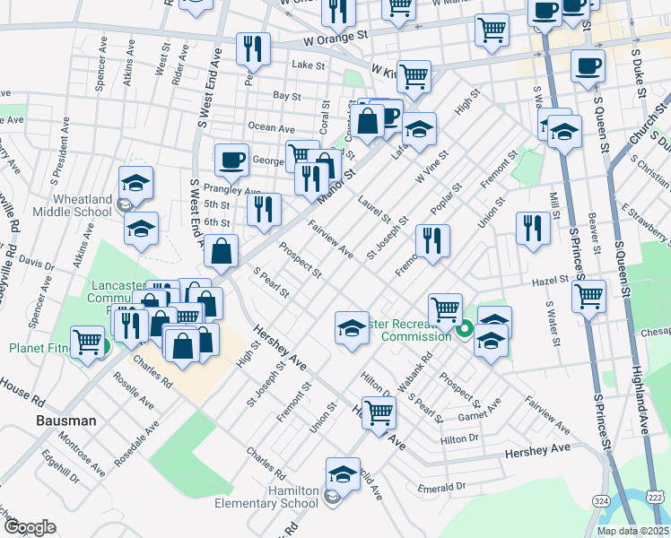 map of restaurants, bars, coffee shops, grocery stores, and more near 827 West Vine Street in Lancaster