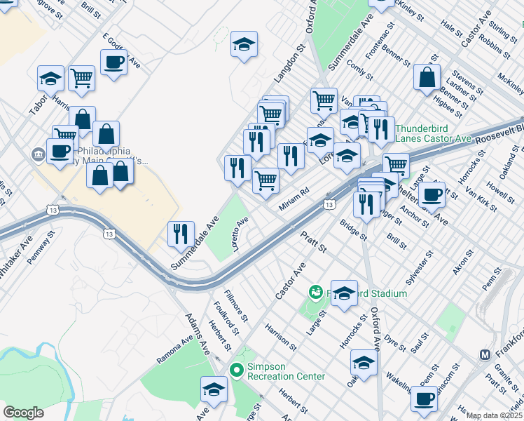 map of restaurants, bars, coffee shops, grocery stores, and more near 960 Pratt Street in Philadelphia