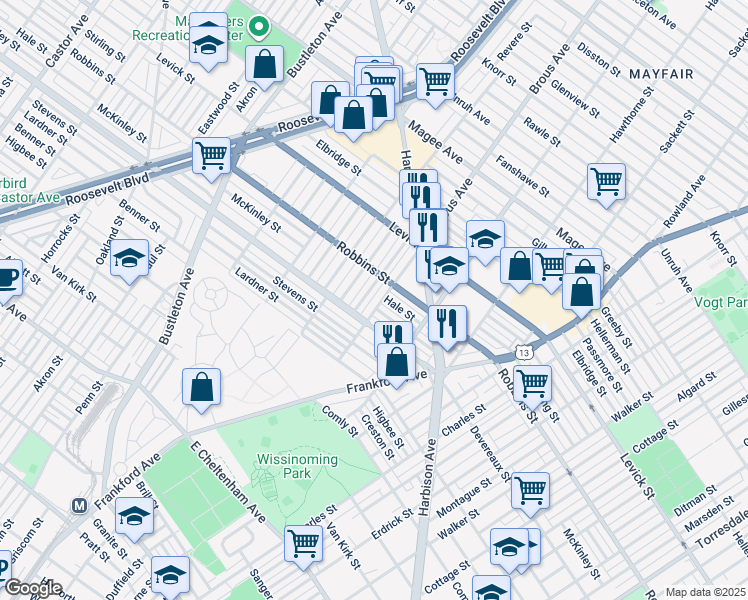 map of restaurants, bars, coffee shops, grocery stores, and more near 6230 Brous Avenue in Philadelphia