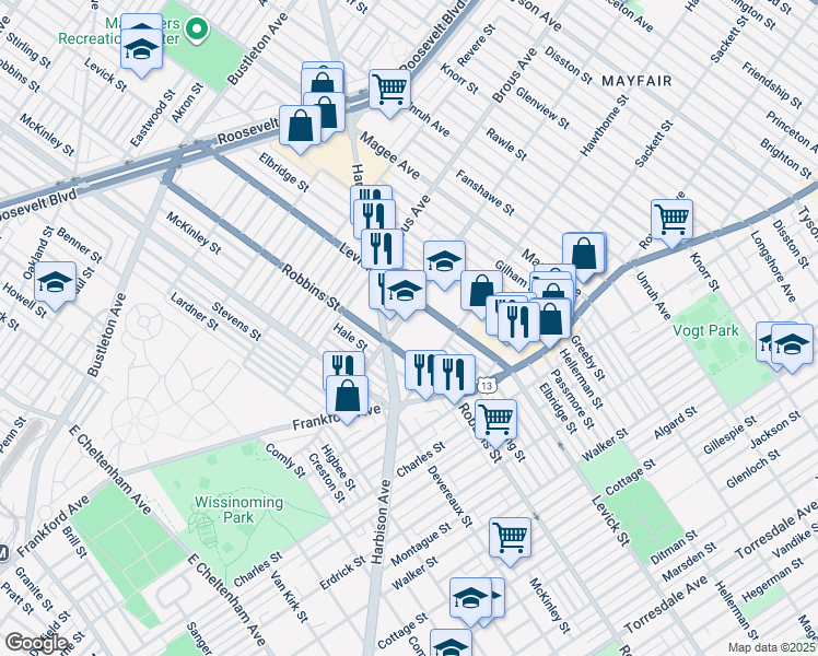 map of restaurants, bars, coffee shops, grocery stores, and more near 3001 Robbins Street in Philadelphia