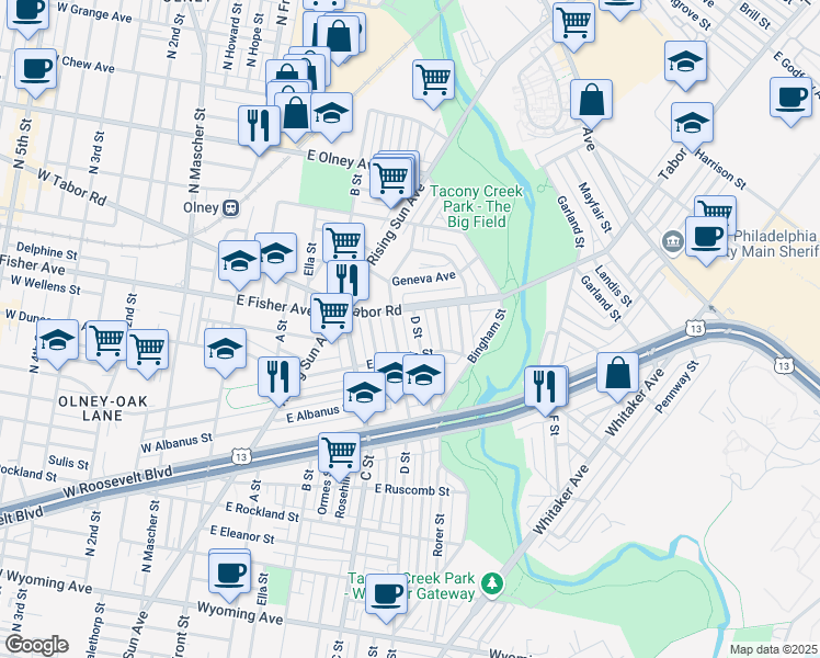 map of restaurants, bars, coffee shops, grocery stores, and more near 5230 D Street in Philadelphia