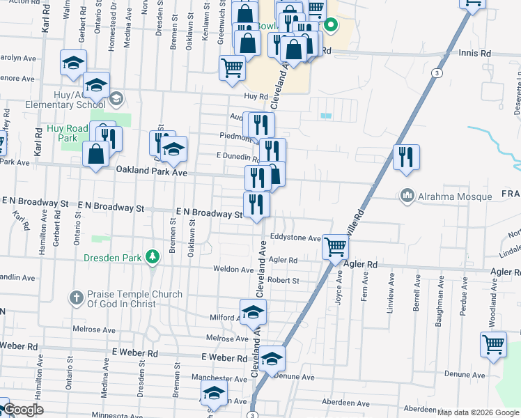 map of restaurants, bars, coffee shops, grocery stores, and more near 1786 East Kenworth Road in Columbus