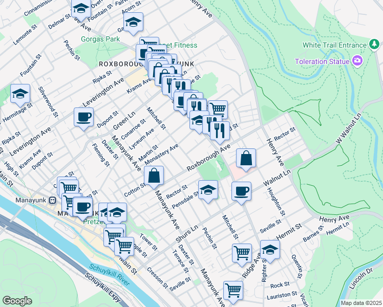 map of restaurants, bars, coffee shops, grocery stores, and more near 461 Gerhard Street in Philadelphia