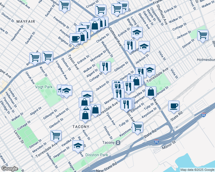 map of restaurants, bars, coffee shops, grocery stores, and more near 4506 Princeton Avenue in Philadelphia