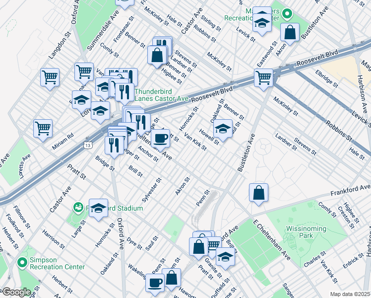 map of restaurants, bars, coffee shops, grocery stores, and more near 5843 Sylvester Street in Philadelphia