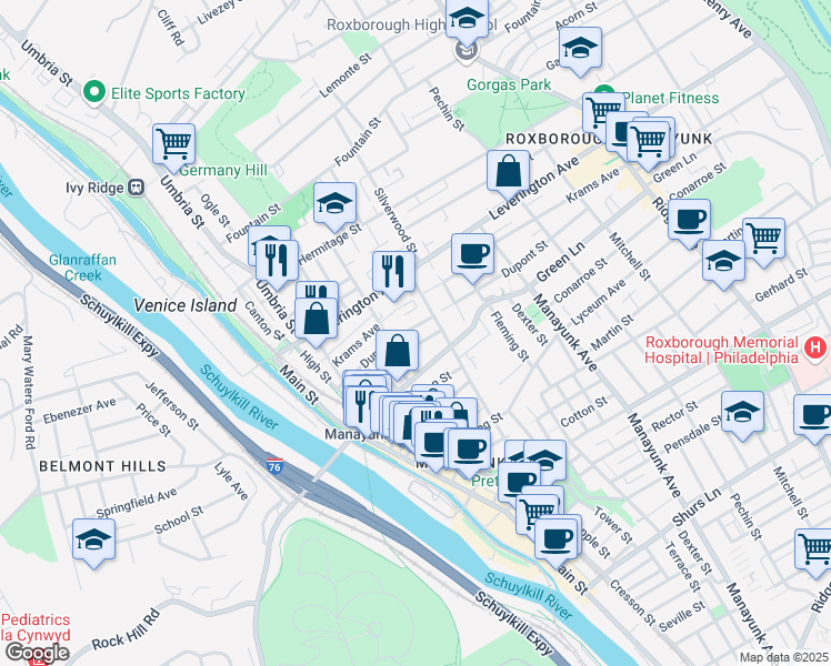 map of restaurants, bars, coffee shops, grocery stores, and more near 205 Dupont Street in Philadelphia
