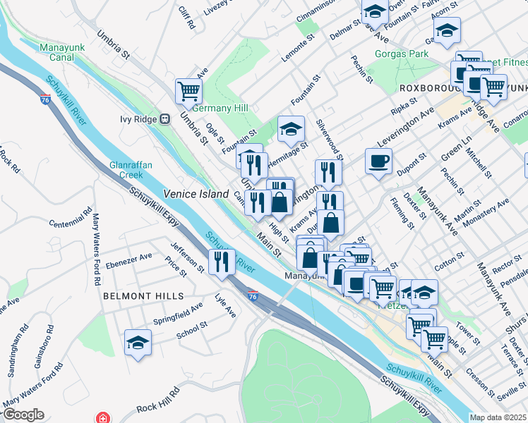 map of restaurants, bars, coffee shops, grocery stores, and more near 4619 Umbria Street in Philadelphia