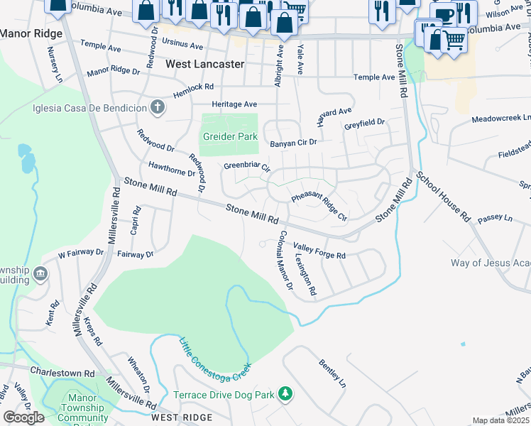map of restaurants, bars, coffee shops, grocery stores, and more near 104 Oriole Court in Lancaster