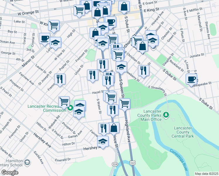 map of restaurants, bars, coffee shops, grocery stores, and more near 432 South Prince Street in Lancaster