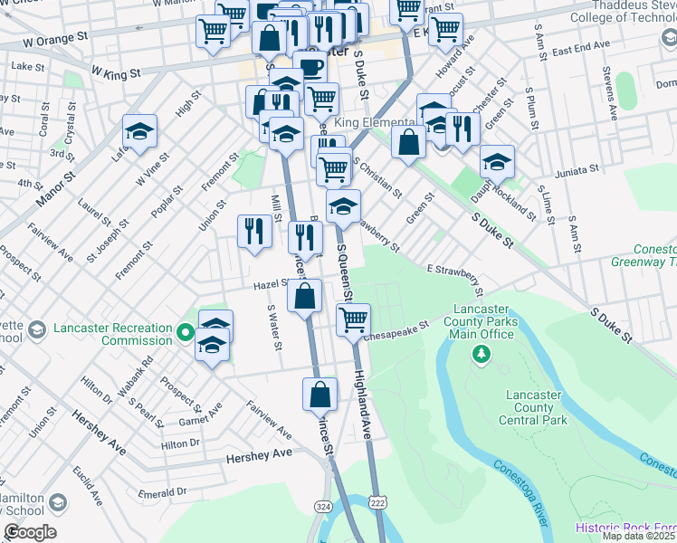 map of restaurants, bars, coffee shops, grocery stores, and more near 460 South Queen Street in Lancaster