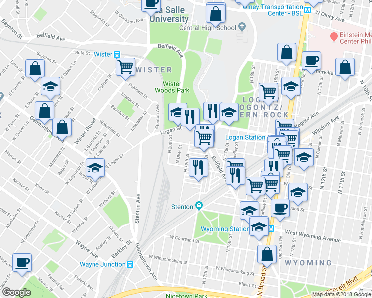 map of restaurants, bars, coffee shops, grocery stores, and more near 4948 North 19th Street in Philadelphia