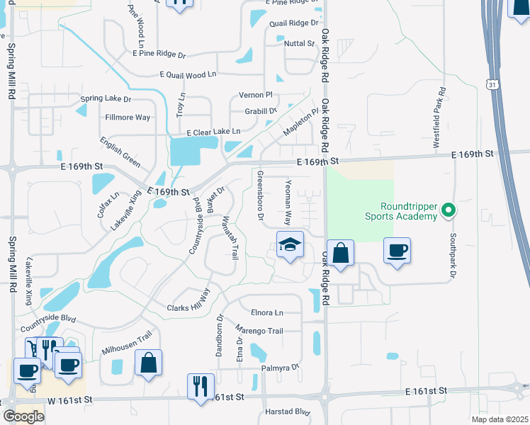 map of restaurants, bars, coffee shops, grocery stores, and more near 16705 Greensboro Drive in Westfield