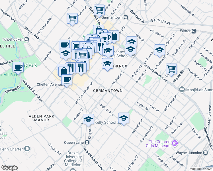 map of restaurants, bars, coffee shops, grocery stores, and more near 5411 Wayne Avenue in Philadelphia
