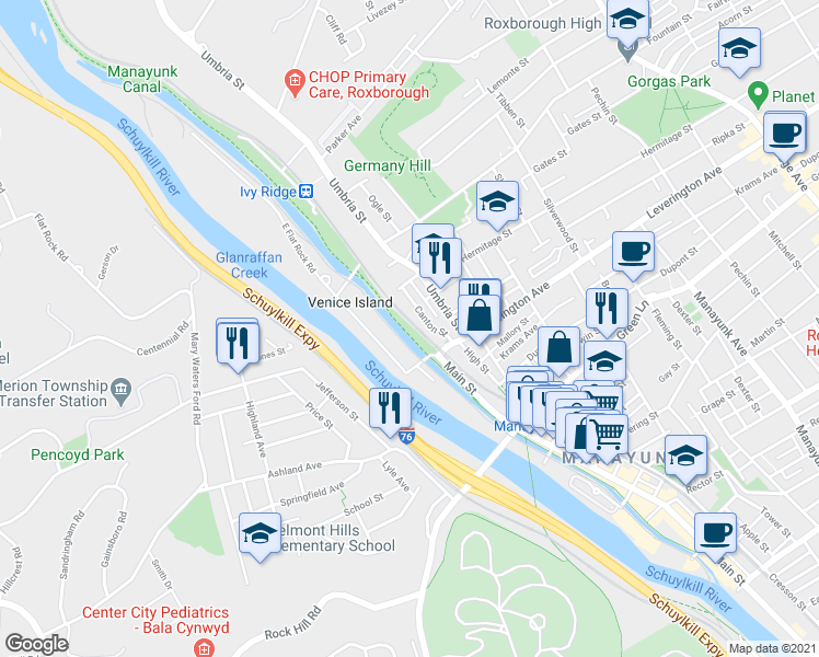 map of restaurants, bars, coffee shops, grocery stores, and more near 2 Leverington Avenue in Philadelphia
