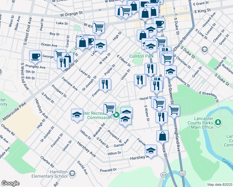 map of restaurants, bars, coffee shops, grocery stores, and more near 669 Hebrank Street in Lancaster