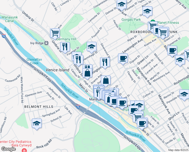 map of restaurants, bars, coffee shops, grocery stores, and more near 148 Leverington Avenue in Philadelphia