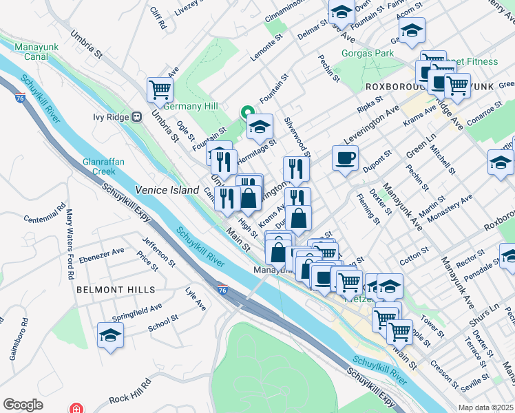 map of restaurants, bars, coffee shops, grocery stores, and more near 148 Leverington Avenue in Philadelphia