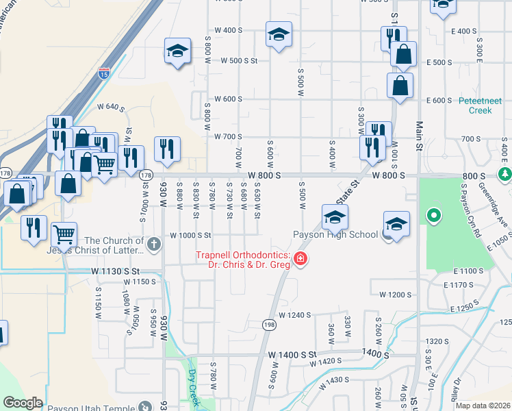 map of restaurants, bars, coffee shops, grocery stores, and more near 600 West 900 South in Payson