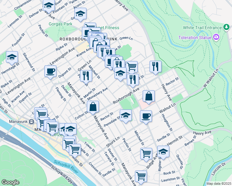 map of restaurants, bars, coffee shops, grocery stores, and more near 461 Gerhard Street in Philadelphia