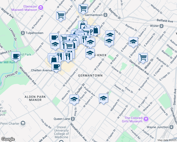 map of restaurants, bars, coffee shops, grocery stores, and more near 5409 Wayne Avenue in Philadelphia
