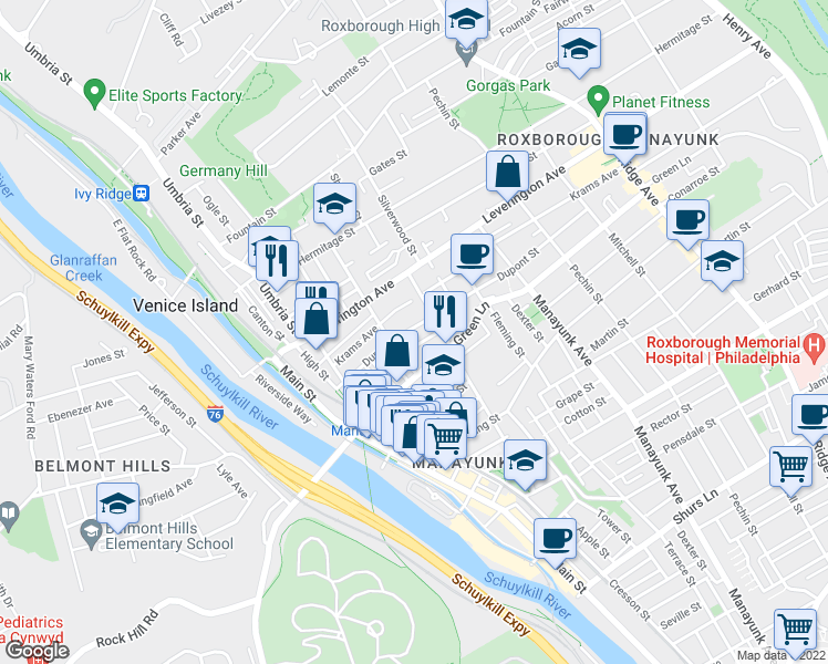 map of restaurants, bars, coffee shops, grocery stores, and more near 205 Dupont Street in Philadelphia