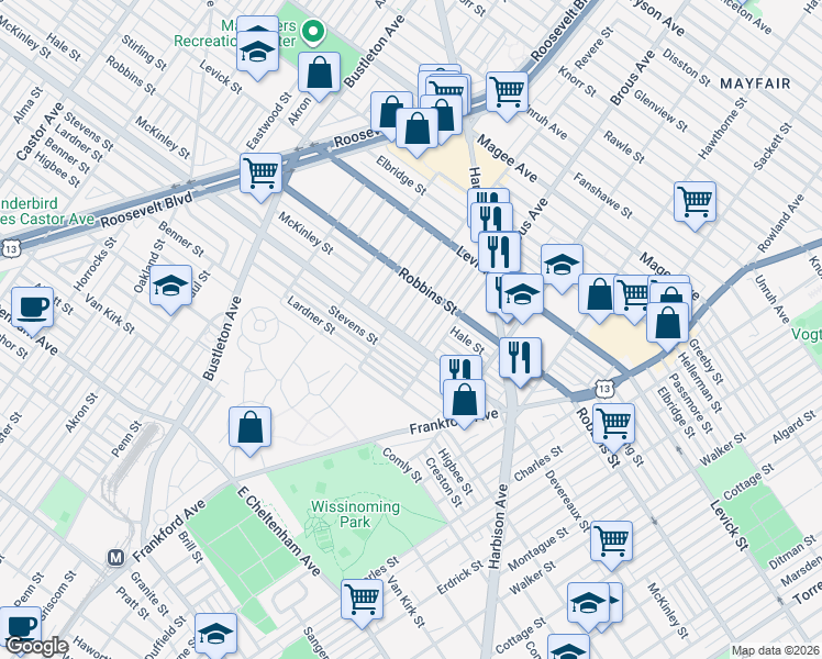 map of restaurants, bars, coffee shops, grocery stores, and more near 6235 Cardiff Street in Philadelphia