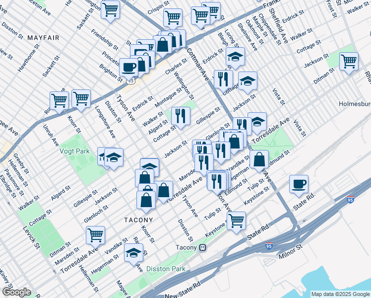 map of restaurants, bars, coffee shops, grocery stores, and more near 4506 Princeton Avenue in Philadelphia