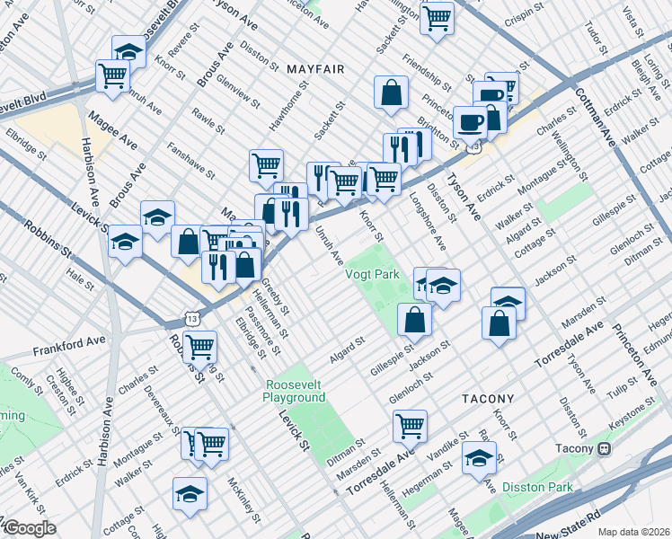 map of restaurants, bars, coffee shops, grocery stores, and more near 4100 Unruh Avenue in Philadelphia
