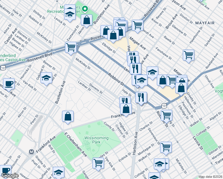 map of restaurants, bars, coffee shops, grocery stores, and more near 6235 Cardiff Street in Philadelphia