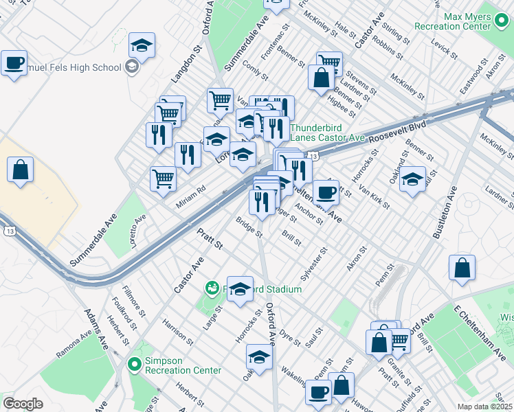 map of restaurants, bars, coffee shops, grocery stores, and more near 5335 Castor Avenue in Philadelphia