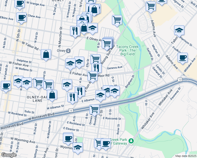 map of restaurants, bars, coffee shops, grocery stores, and more near 5342 Westford Road in Philadelphia