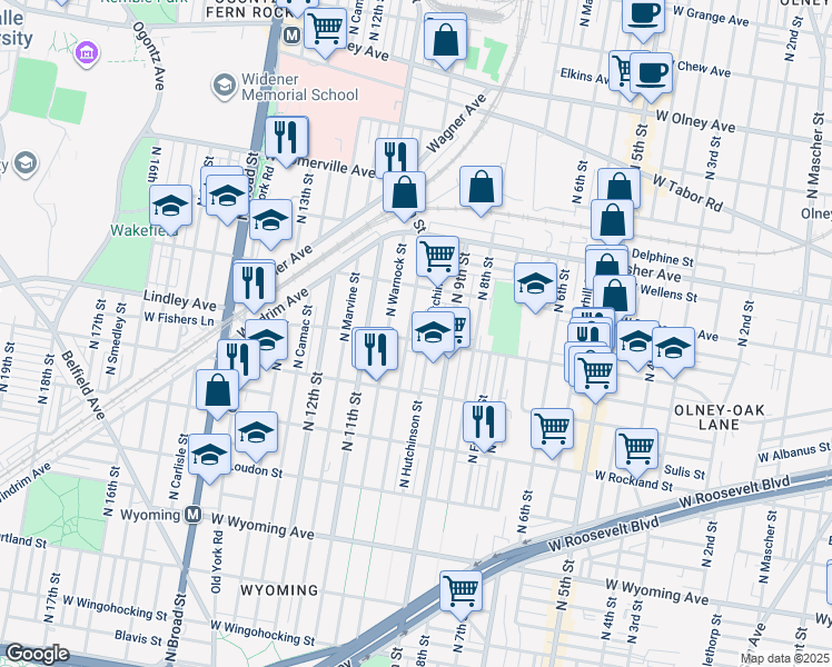 map of restaurants, bars, coffee shops, grocery stores, and more near 5125 North 10th Street in Philadelphia