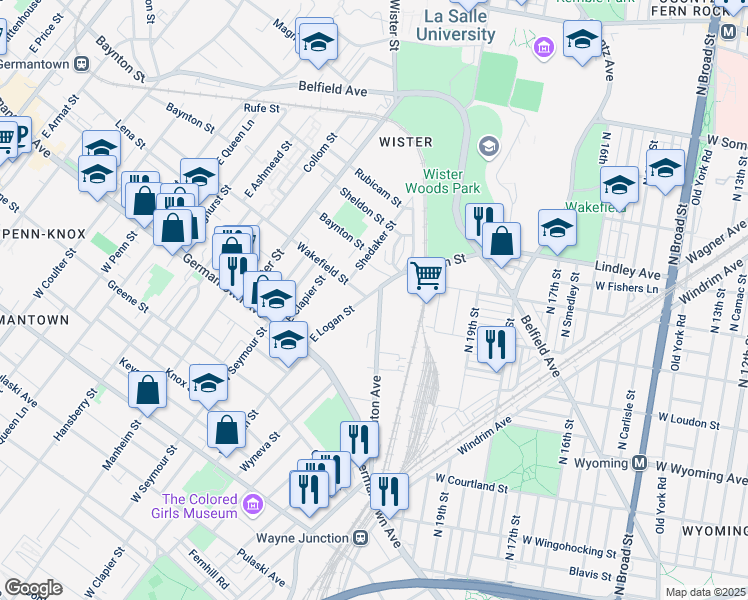 map of restaurants, bars, coffee shops, grocery stores, and more near 223 East Logan Street in Philadelphia