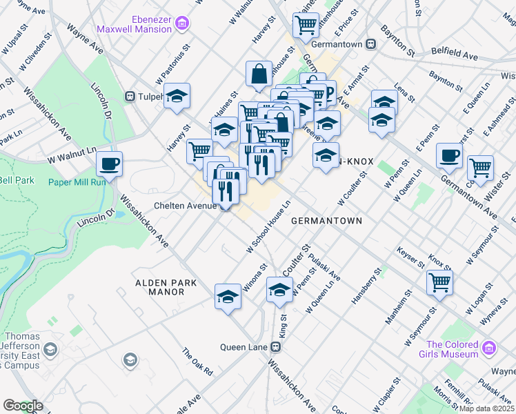 map of restaurants, bars, coffee shops, grocery stores, and more near 212 West Chelten Avenue in Philadelphia