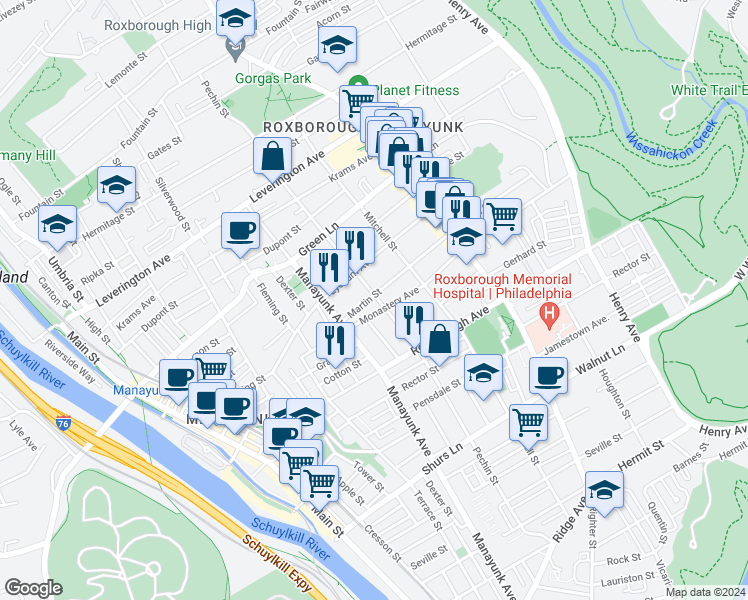 map of restaurants, bars, coffee shops, grocery stores, and more near 4362B Pechin Street in Philadelphia